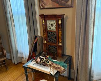 Living Room-Metal Lange Co. Giacometti end tables, puppets, early Seth Thomas case clock