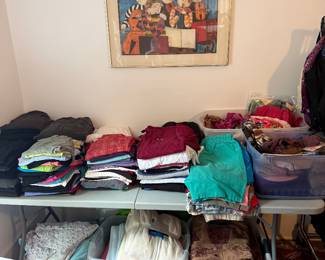 Upstairs Bedroom 2-women’s clothing, scarves, hats & gloves, fabric, blankets