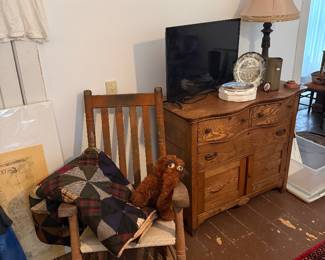 Upstairs Bedroom 2-Serpentine commode, rocking chair, crazy quilt