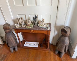 Library-wooden penguins, Lilliput Lane Collections, metal cobra, marble top stand/shelf