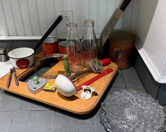 Kitchen-milk bottles, enamelware