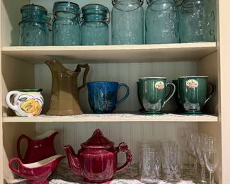 Kitchen-mugs, pitchers, green canning jars
