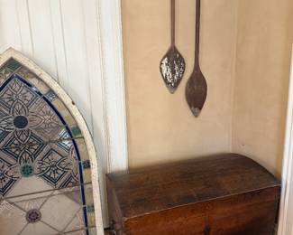 Living Room-Large early European domed wooden trunk, Amazon Boras tribe wooden paddles
