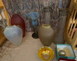 Parlor Case Table-Art glass vases:Lorraine France vase, Thomas Buechner3, Vitrix Studio Corning NY(3 matching vases), tall vases with metal mounts are Loetz