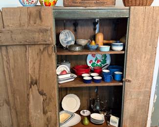 Dining Room-large primitive green cabinet, pottery pieces, enamelware