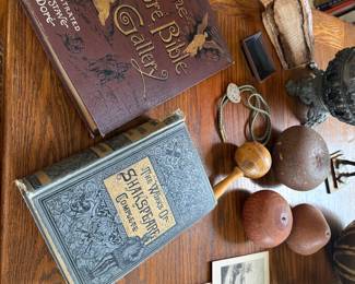 Library-Dore Bible, Shakespeare, carved gourds,