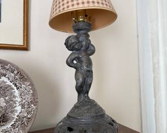 Upstairs Bedroom 1-Metal cherub lamp