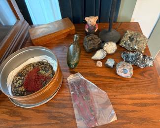 Dining Room-Iron Pyrite Crystal (Peru), Chalcopyrite & quartz crystal (Peru), Burial Hat Huancayo, Peru