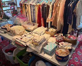 Upstairs Bedroom 2-Vtg Linens, sewing notions (buttons), fabric, vtg clothing