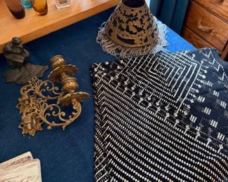Case Table- Assuit shawl, wall sconces, metal beaded shades