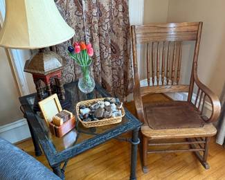 Living Room-matching Lange Co. Giacometti end table, rocking chair, geodes, fossil rocks