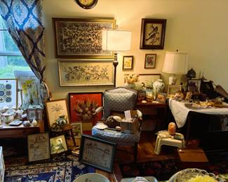 E Framed Needlework, Antique Chair, Antique Dropleaf Table, lots of antique smalls
