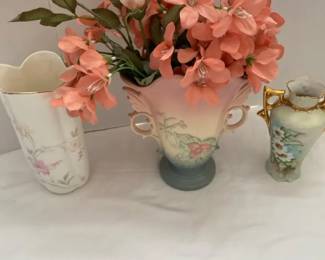 A Hull Pottery Vase, With Two Pottery Roses, Inserted, A G Hess Vase, And Another Fine China Vase.