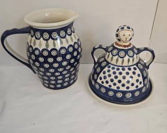  02 A Boleslawiec Polish Pottery Cheese Lady And A Matching Pitcher