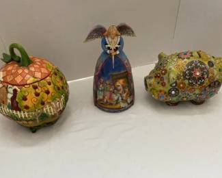 Two Jim Shore Pieces And A Bohemian Style Piggy Bank