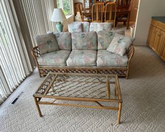 $200 four pc set, beautiful condition, sofa, loveseat, coffee table, side table , and free matching lamp. Table have perfect glass top. 