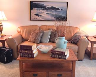 Leather Sofa in Hazelnut, Vintage Seascape on Canvas