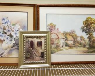 Framed Art Lot  Countryside Cottage, Floral Watercolor, and European Doorway Scene 3 Pieces