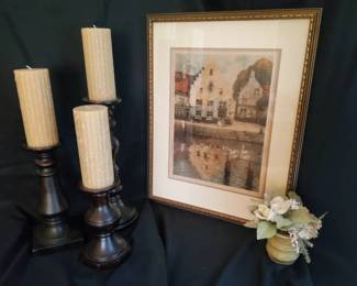 Classic European Cityscape Framed Print, Candle Sconces  Floral Accent Decor set