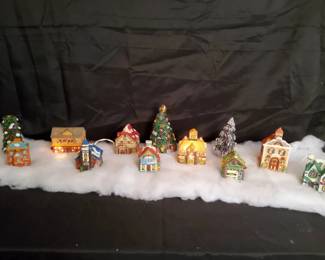 Miniature Ceramic Christmas Village Set  4 LightUp Buildings, 5 Figurines, Trees,  Snow Blanket