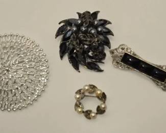 Filigree Lacy Circle, Gunmetal Berry Cluster,  Art Deco Style Pins  Brooches