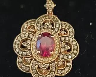  01 Le Vian 14K Strawberry Gold Rhodolite  Diamond Flower Cluster Pendant 4g, COA  Box
