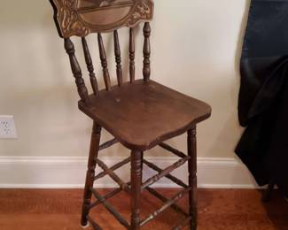 Antique Wooden Barstool with HandCarved Backrest