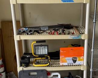 Garage and Workshop Tool Assortment with Plastic Shelving Unit