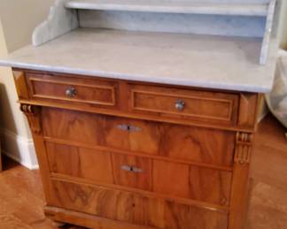 Marble Top Cabinet Ornate Wood Vanity with Scalloped Marble Shelf