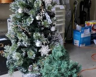 2 Artificial Christmas Trees with Decorative Stands  Ornaments