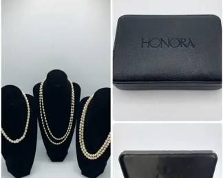 Honora Pearls with 14K 585 Gold Clasp  Box total Vintage 3Piece Pearl Necklace