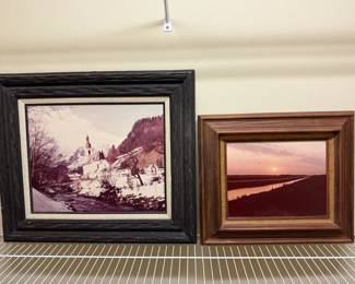 2 Framed Scenic Prints  Snowy European Church  Sunset Waterway