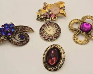 DesignerStyle Purple Rhinestone  Figural Brooch Lot Clock Fob, Floral Cluster  More 1 with Box