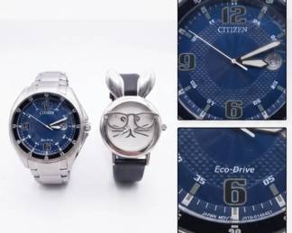 Mens Citizen EcoDrive Blue Dial Stainless Steel Watch  Novelty BunnyCat Ears Novelty Watch