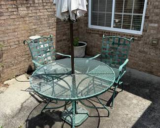 Green Metal Patio Bistro Set Table, Chairs  Umbrella
