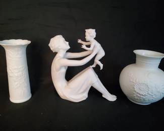 AK Kaiser W Germany Matte White Bisque Porcelain Set Mother  Child Figurine and Floral Vases