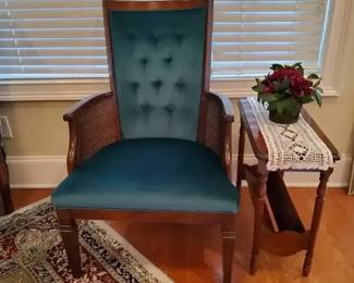 HighBack Tufted Velvet Armchair with Caned Sides  Matching Magazine Table