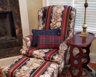 Floral Wingback Armchair  Ottoman Set with Accent Table  Lamp