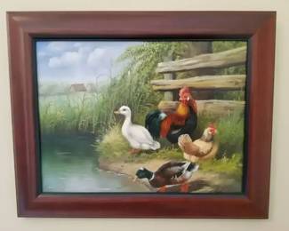 Farmyard Ducks and Chickens  Oil Painting  Signed