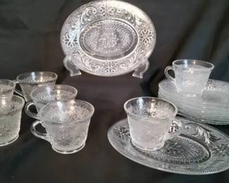 Indiana Glass Clear Pressed Glass Snack Set  14 Piece Tea Service