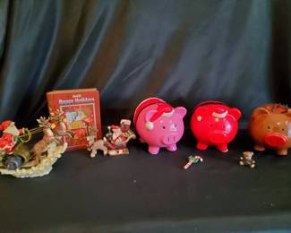Festive Christmas Collectibles Lot featuring CocaCola Decor, Piggy Banks,  Santa Sleigh