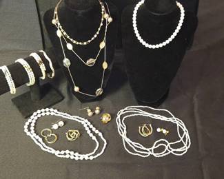 Classic White  SilverToned Fashion Jewelry Lot  Beaded Necklaces, Stackable Bracelets  Earrings