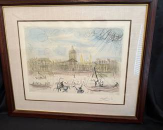  02 Salvador Dali Signed Print  Parisian River Scene with Boats and Dome  Framed Art 30x35.5 inches