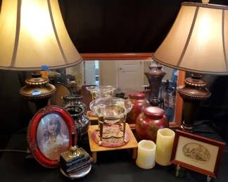 Burgundy  Brass Decor Bundle Matching Lamps, Urns, Glass Bowl Stand, Mirror  Accent Collectibles