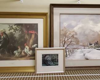 Framed Art Lot  Poultry  Other Birds by Jacob Bogdany, Early Snow by Herta Ray, and Raccoon a