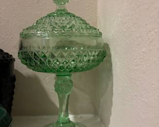 Vintage Green Indiana Glass Diamond Point pattern pedestal candy dish with a lid • 1960’s