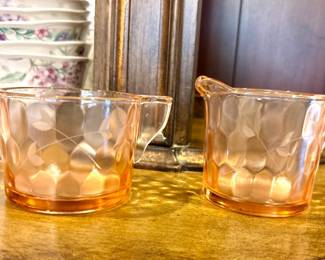 Vintage Jeannette Glass • Sugar & Creamer bowl • Hex Optic (Honeycomb) pattern, produced in a pink depression glass
