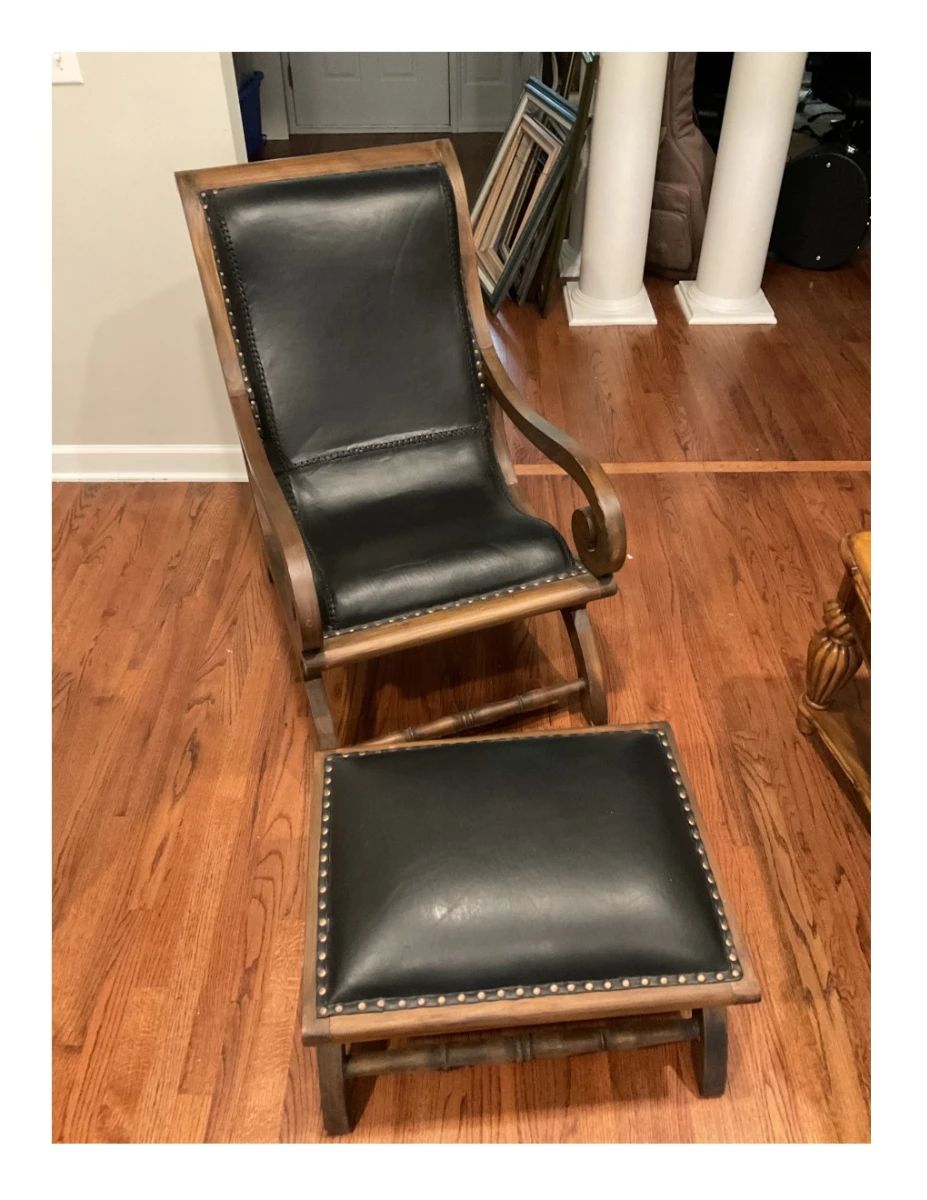 Teak wood and leather Chair and Ottoman