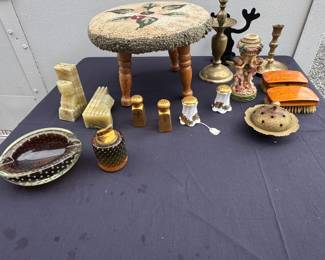 Onyx bookends, salt & pepper shakers, vintage ashtray and lighter, stool