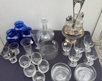 Crystal glasses and bowls, cruet set silver plated, decanter Austrian